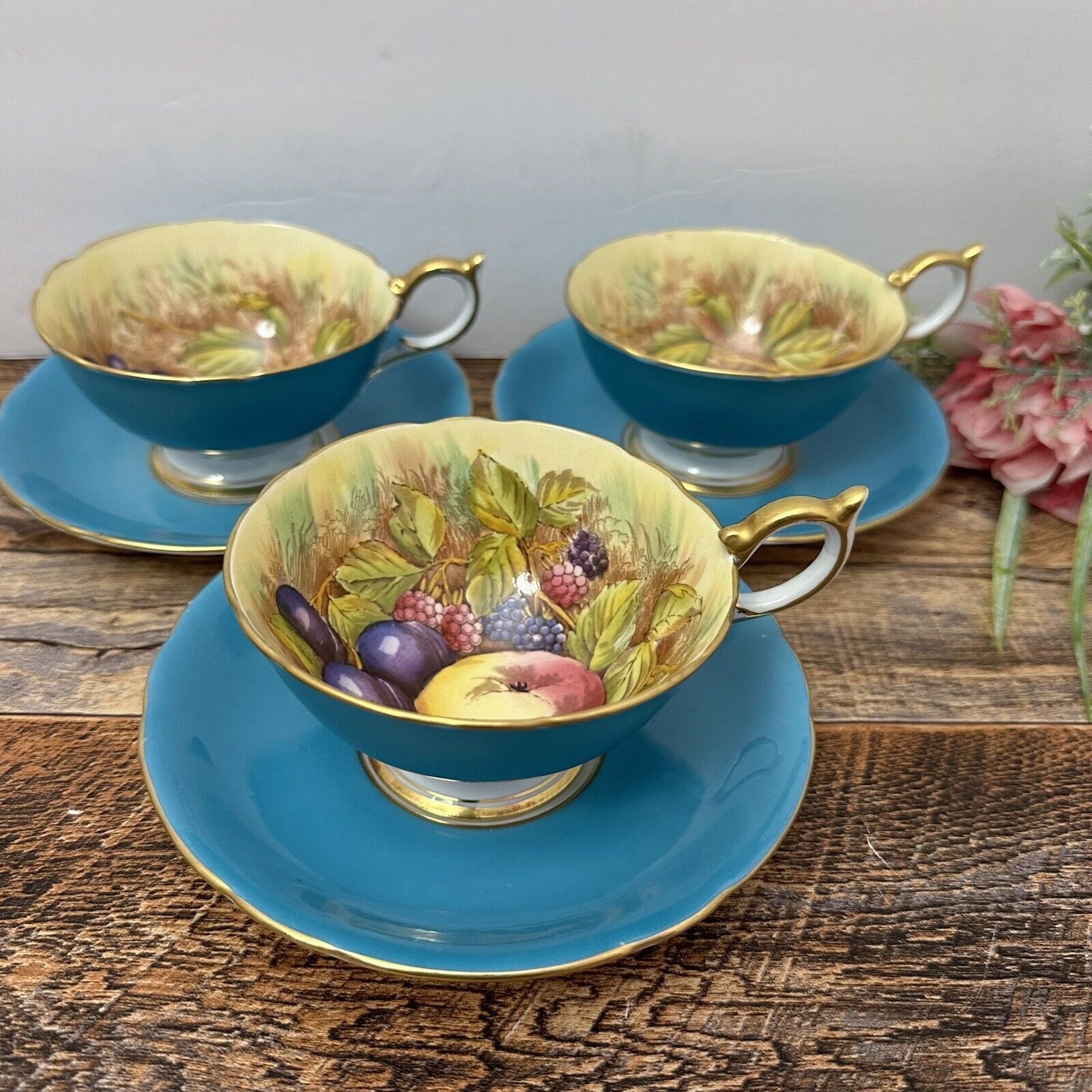 Aynsley England - 3 Cup and Saucer Gold Border Fruit Turquoise Tea Set