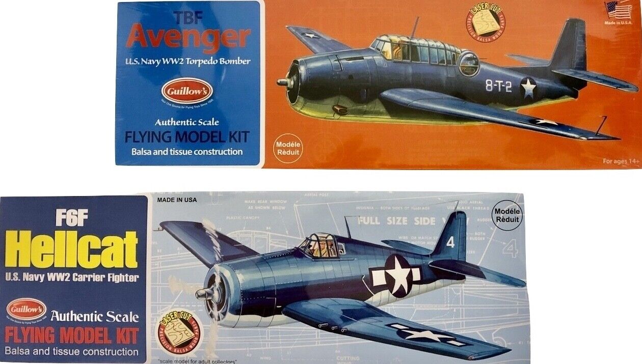 Pair of Guillow Balsa Wood Flying Model WW2 Carrier-Based Airplanes SMU-503-509