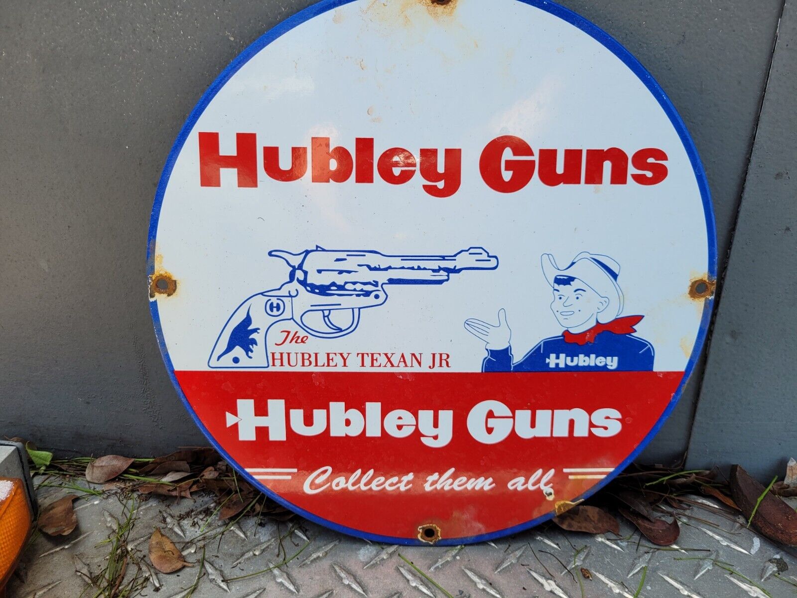 VINTAGE HUBLEY GUNS PORCELAIN OLD SIGN TEXAN JR FIREARM CHILDS TOY REVOLVER 12\