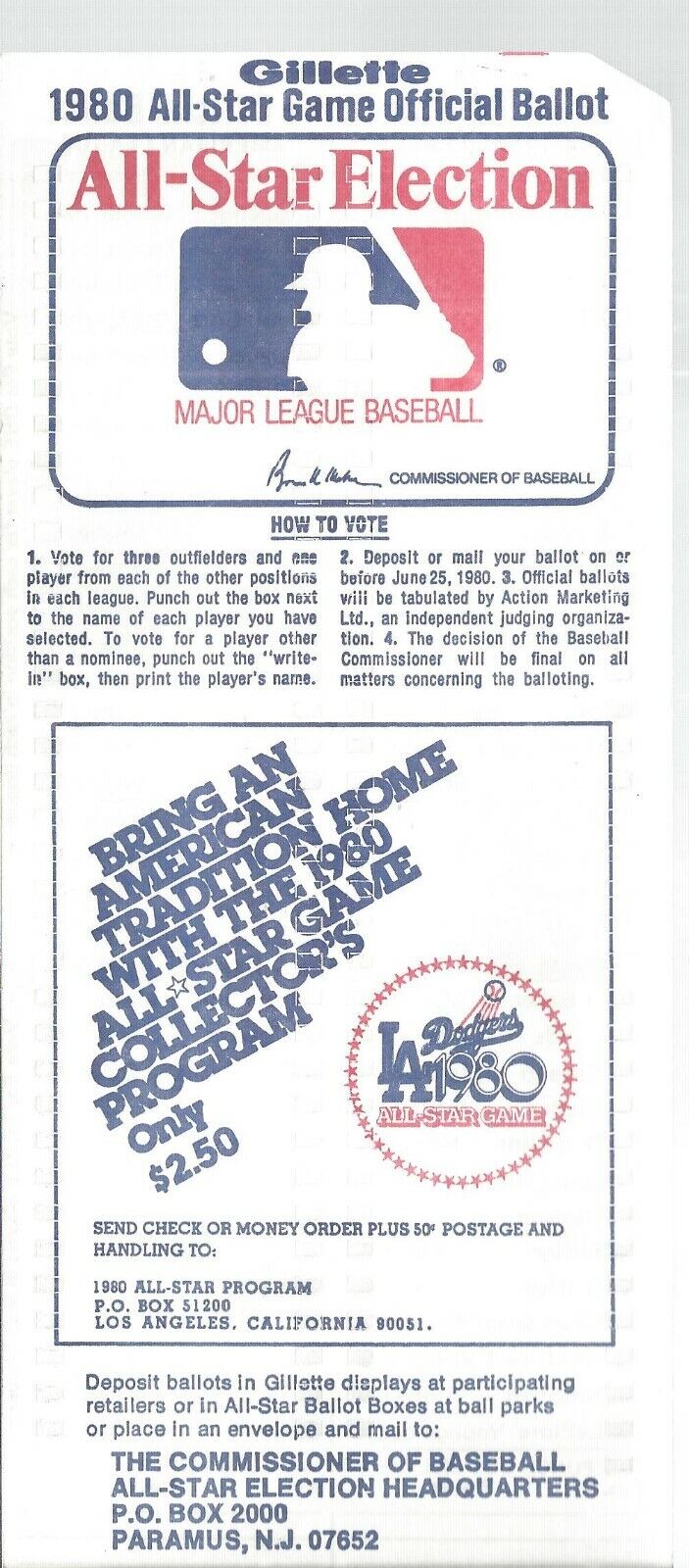 Vintage 1980 MLB All Star Official Ballot By Gillette