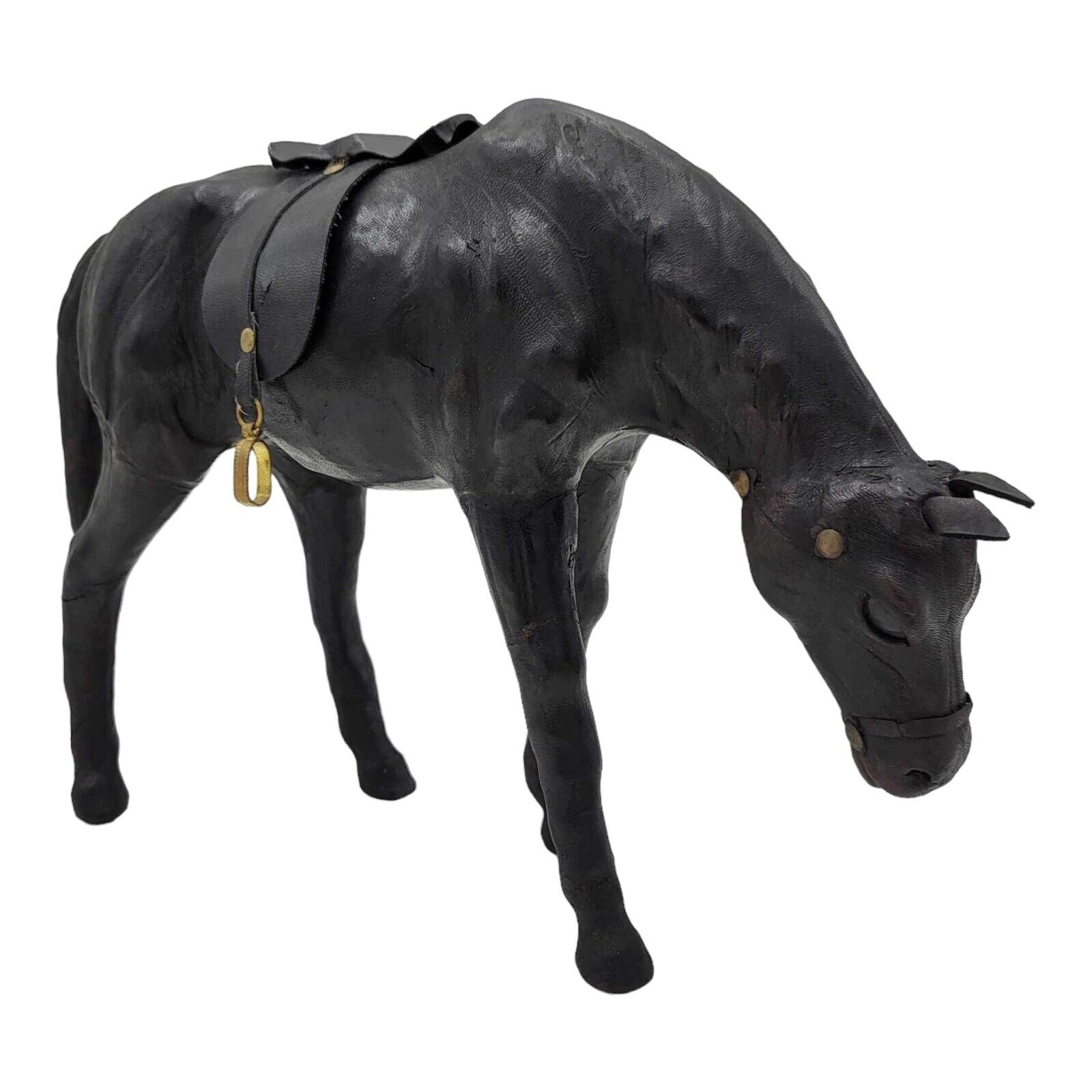 Vintage Leather Wrapped Black Horse w Saddle, Stirrups Figurine READ DESCRIPTION