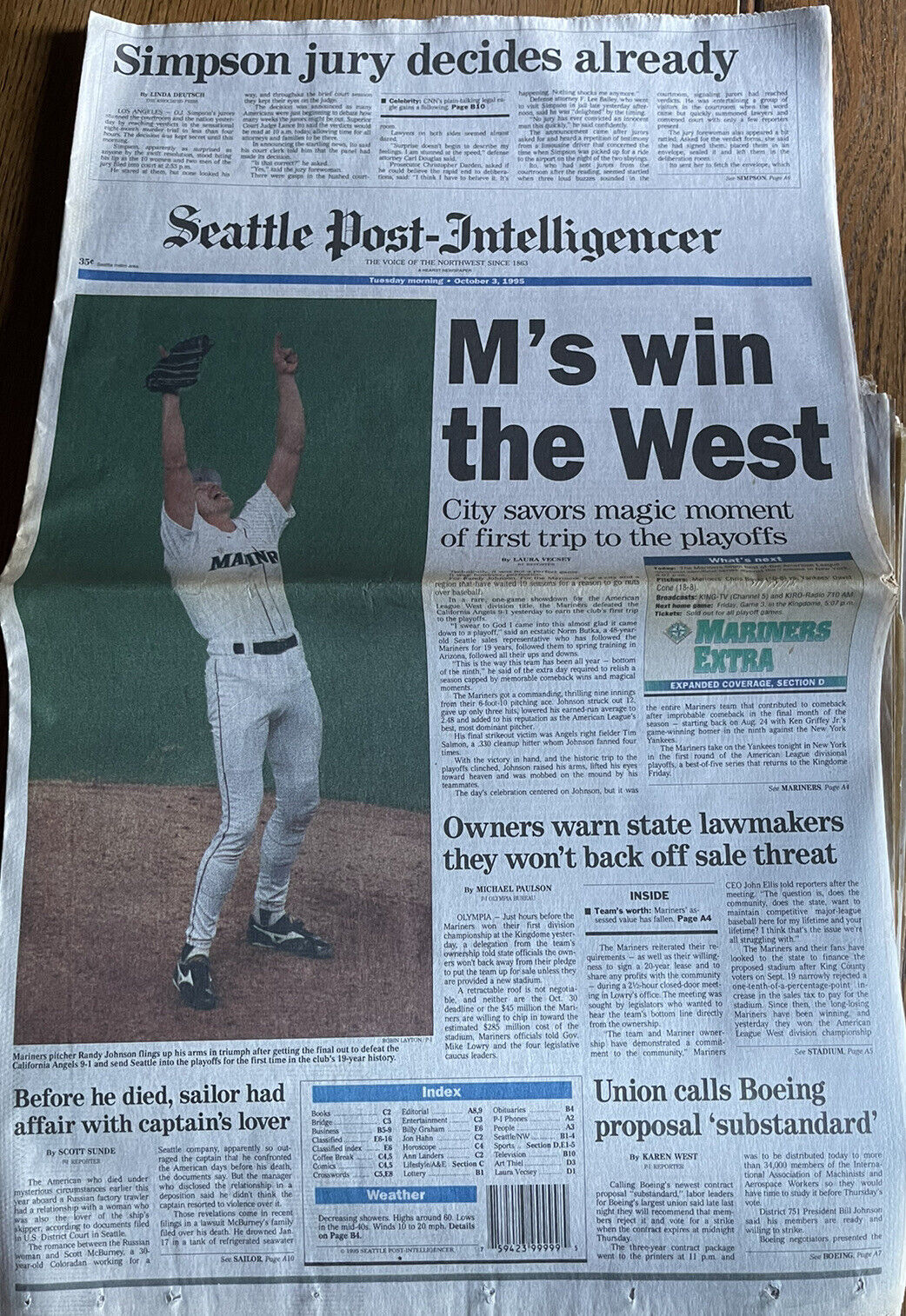 M\'s Win West The Seattle Post Intelligencer 10-3-95 FULL NEWS PAPER -
