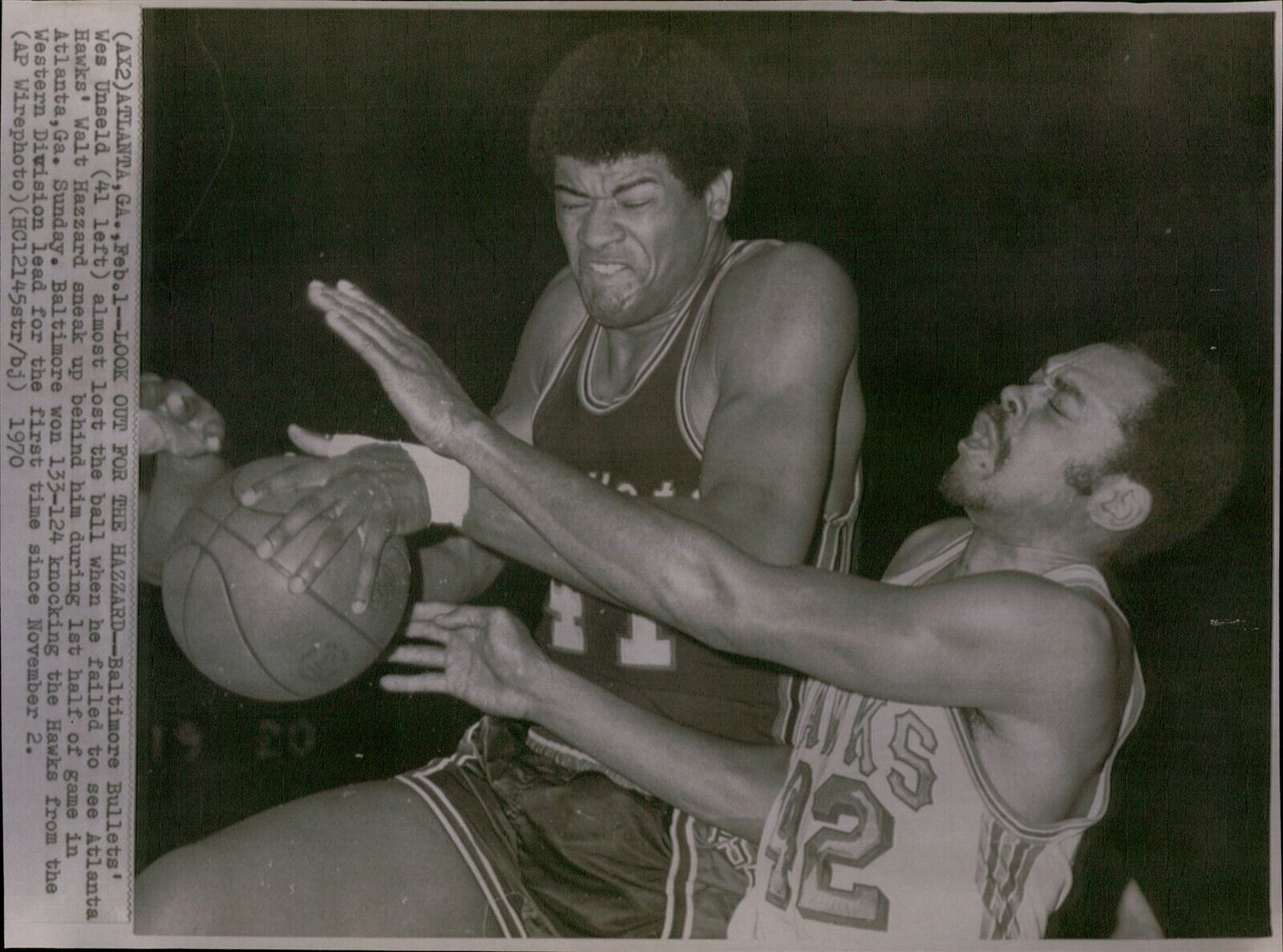 LG830 \'70 Wire Photo LOOK OUT FOR THE HAZZARD Wes Unseld Baltimore Bullets Hawks