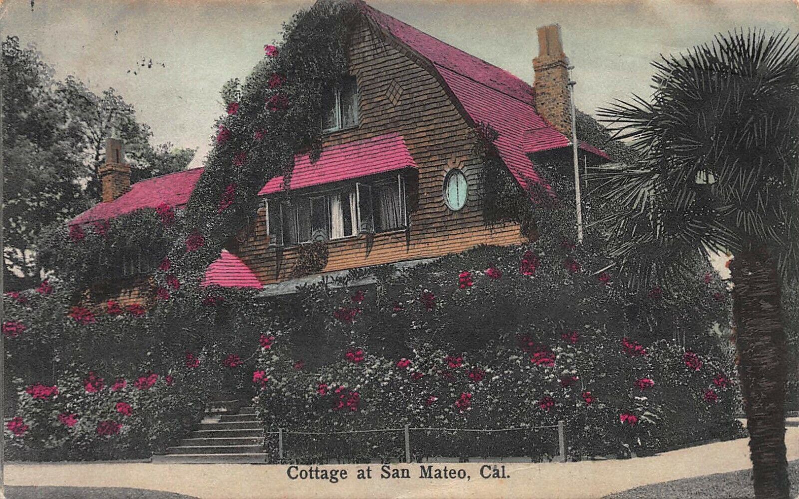 Cottage at San Mateo, California, Early Hand Colored Postcard, Used in 1908
