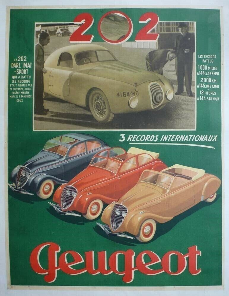 Peugeot poster 1947 202 Dal'Mart 3 World Record Braker & Two-Door Cabriolet Cars