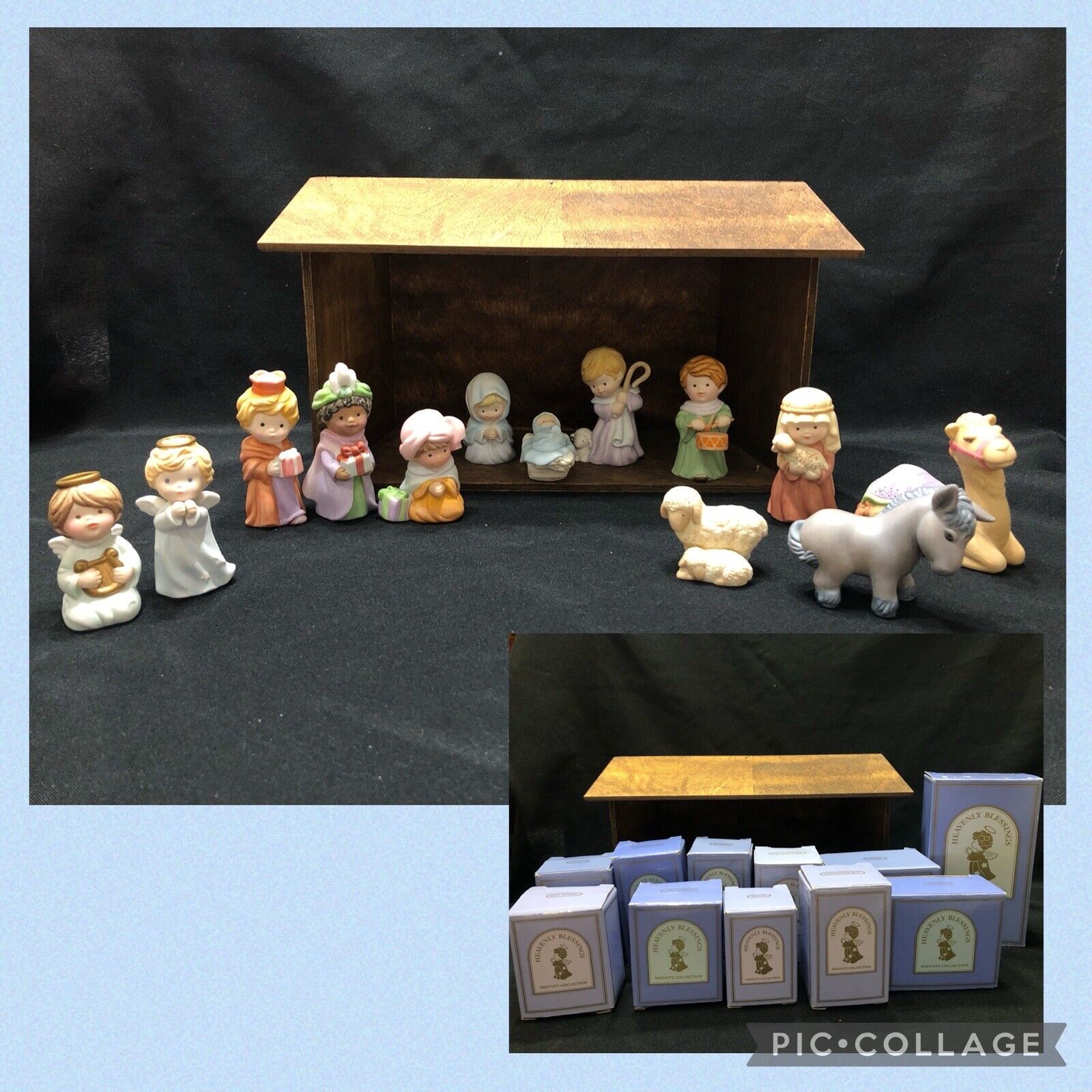 AVON Heavenly Blessings Christmas Nativity Set of 13 Figures + Wood Manger