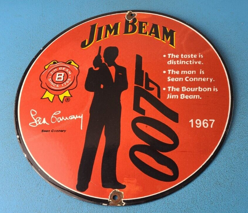 Vintage Jim Beam Sign - Adult Beverage 007 Bond Liquor Porcelain Gas Sign