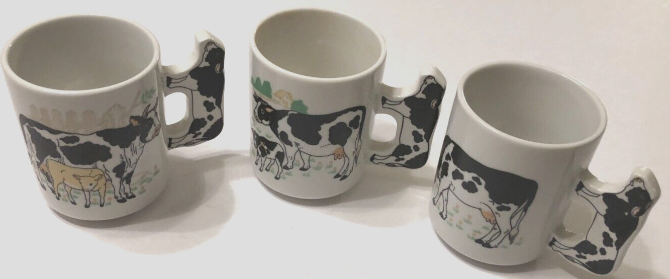 Lot of 3 Vintage Enesco Cow Coffee Mug Cow-Shaped Handle White Black 4\