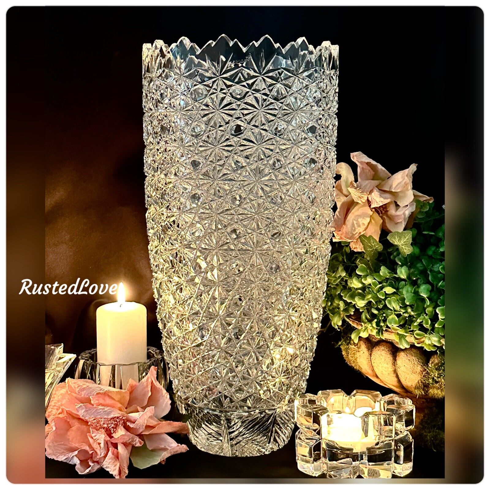 Vintage Yasemin Cut Crystal Large Vase Signed 15\