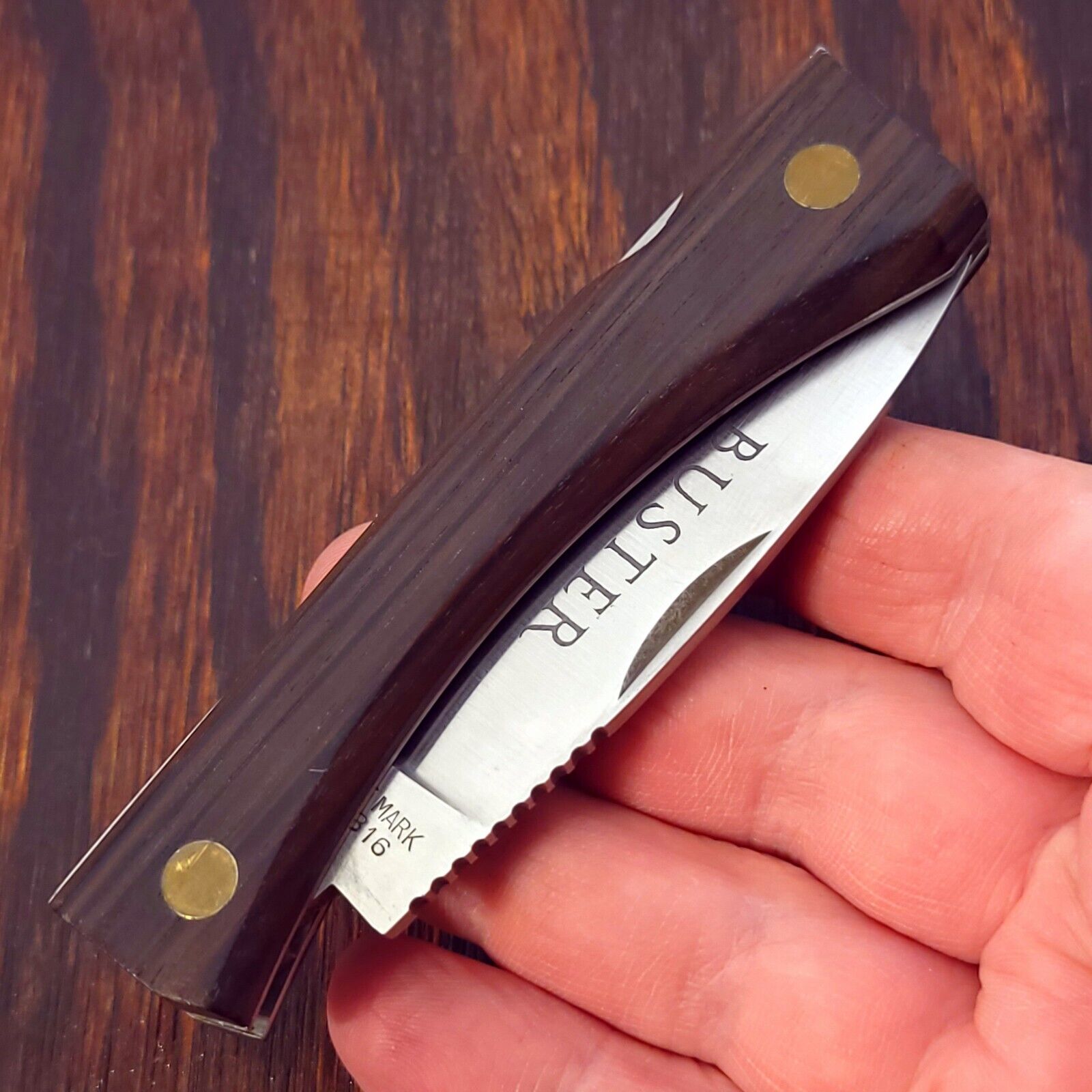 Edge Mark Knife Made in Japan Ranger 11-316 Buster Lockback Smooth Wood Handles