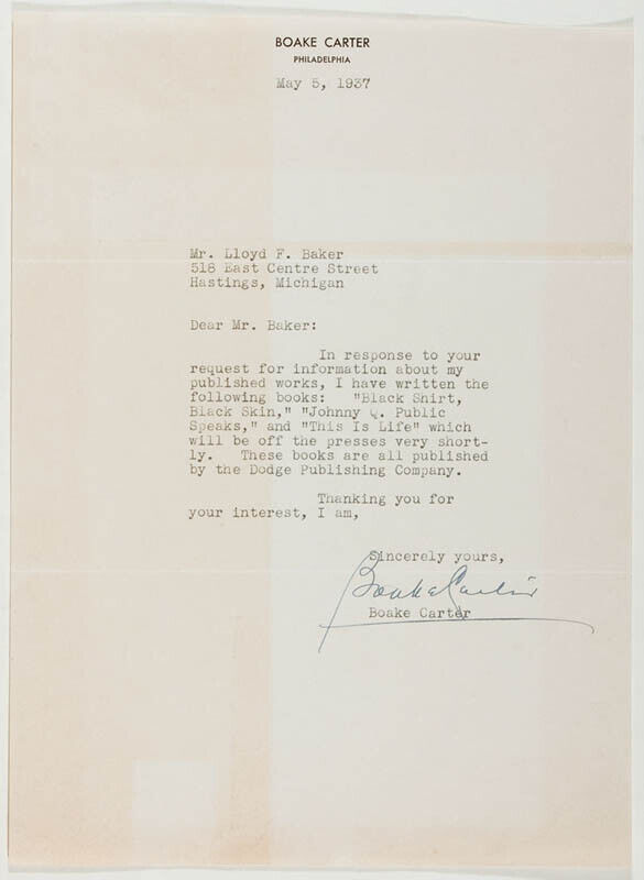 BOAKE (HARRY THOMAS HENRY) CARTER - TYPED LETTER SIGNED 05/05/1937