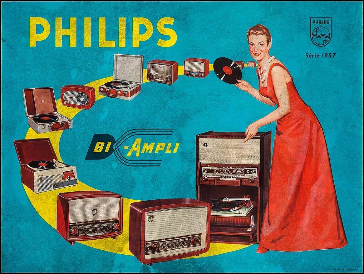 PHILIPS BI-AMPLI 1957 STEREO SYSTEM HEAVY DUTY USA MADE METAL ADVERTISING SIGN