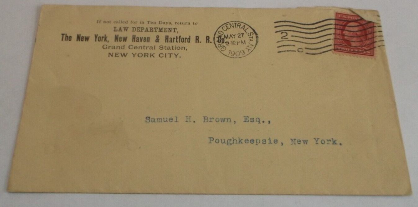 MAY 1909 NEW HAVEN RAILROAD USED LAW DEPARTMENT COMPANY ENVELOPE