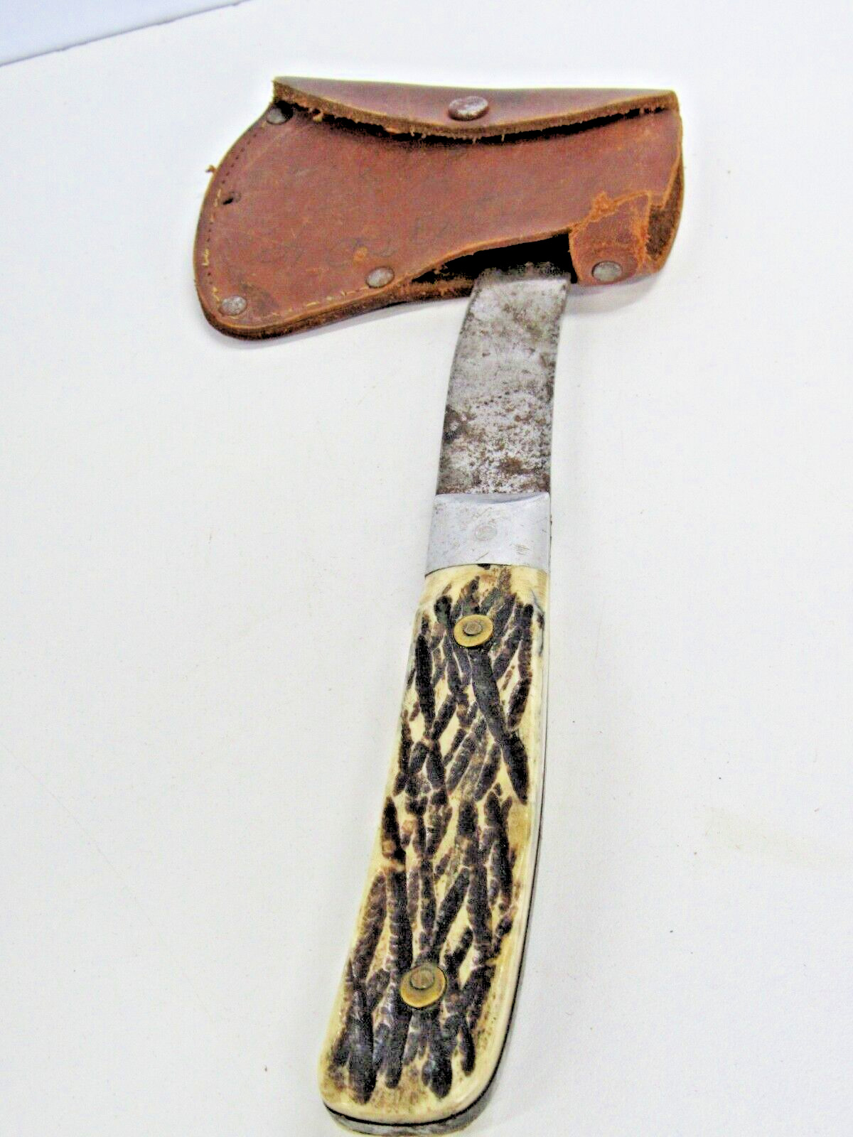 Vintage KORIUM Japan Hunting HATCHET Stag Buck Bone Handle Leather Sheath #OJ