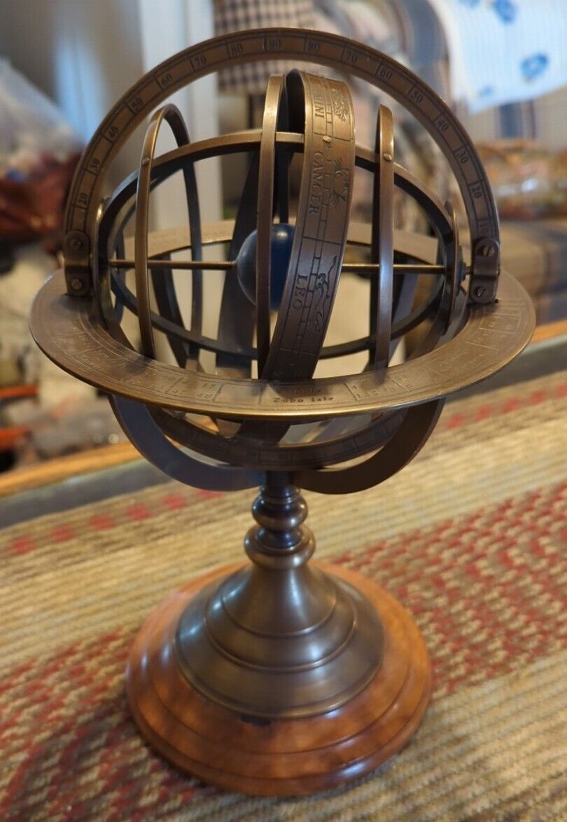 VINTAGE MID CENTURY BRASS AND WALNUT ORRERY SHOWING SIGNS OF THE ZODIAC