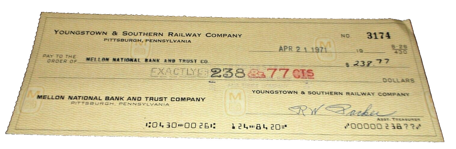 APRIL 1971 YOUNGSTOWN & SOUTHERN RAILWAY COMPANY CHECK