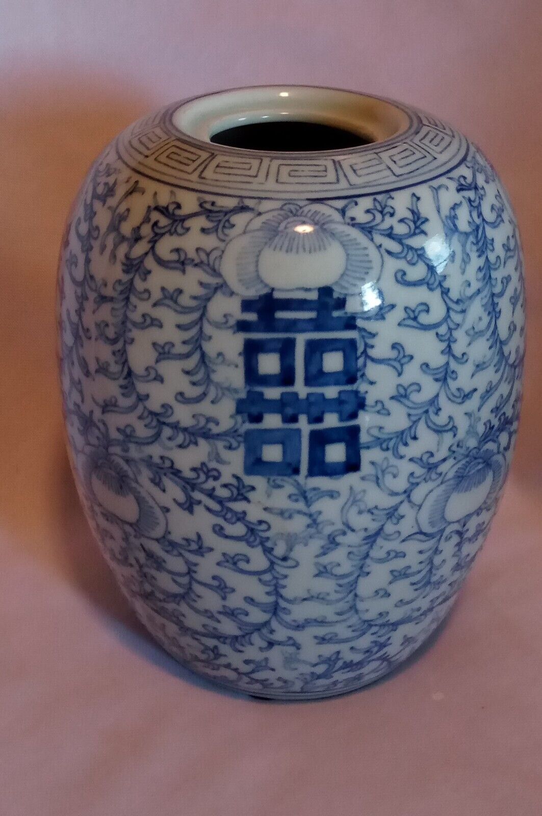 Chinese Happiness Vase Verity Blue White Jar Earthen Glazed Ware 8 X 18
