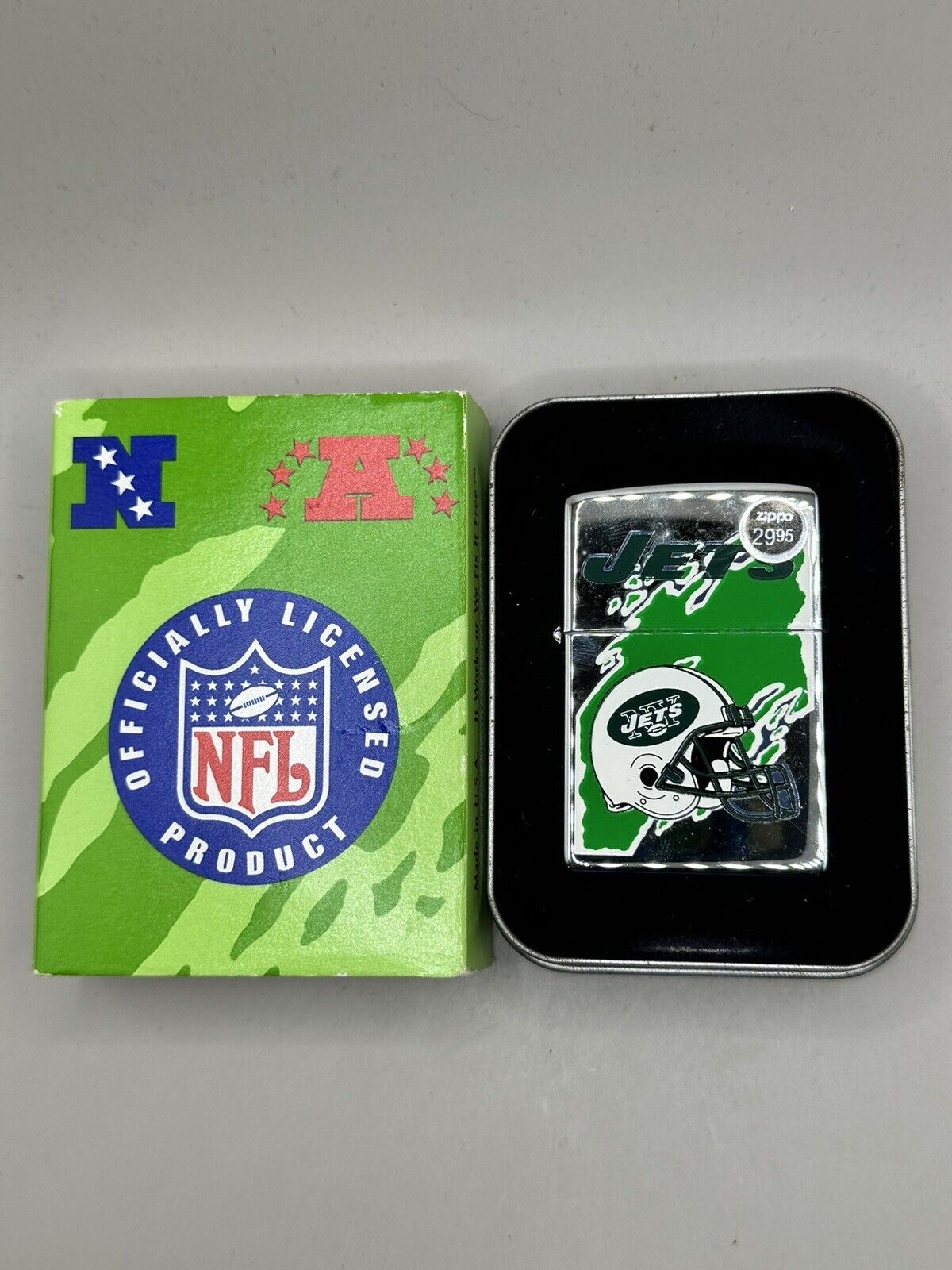 Vintage 1999 New York Jets NFL High Polish Chrome Zippo Lighter NEW In Box