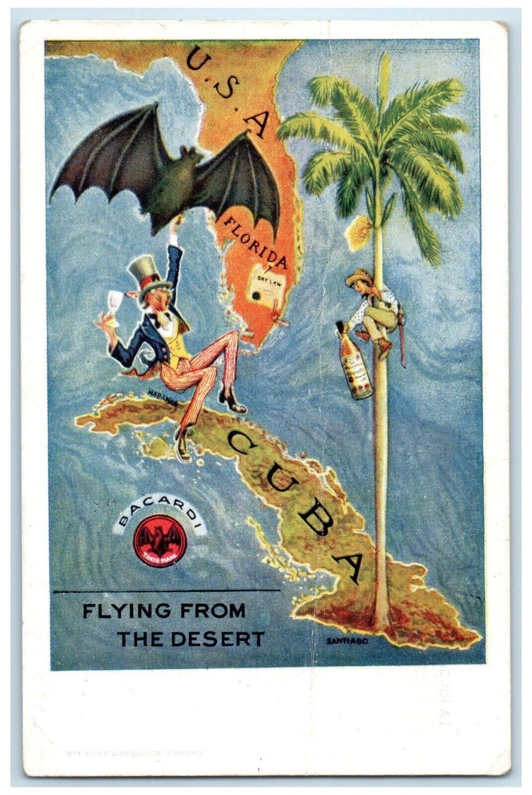 c1910\'s Uncle Sam Bat Devil Map Bacarot Advertising Rum Antique Postcard