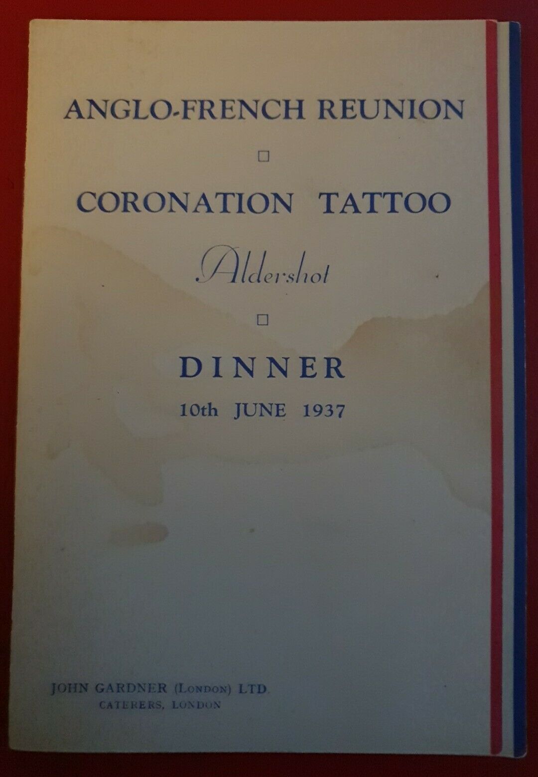 John Gardner London – Menu, Anglo _ French Meeting Coronation Tattoo Aldershot,