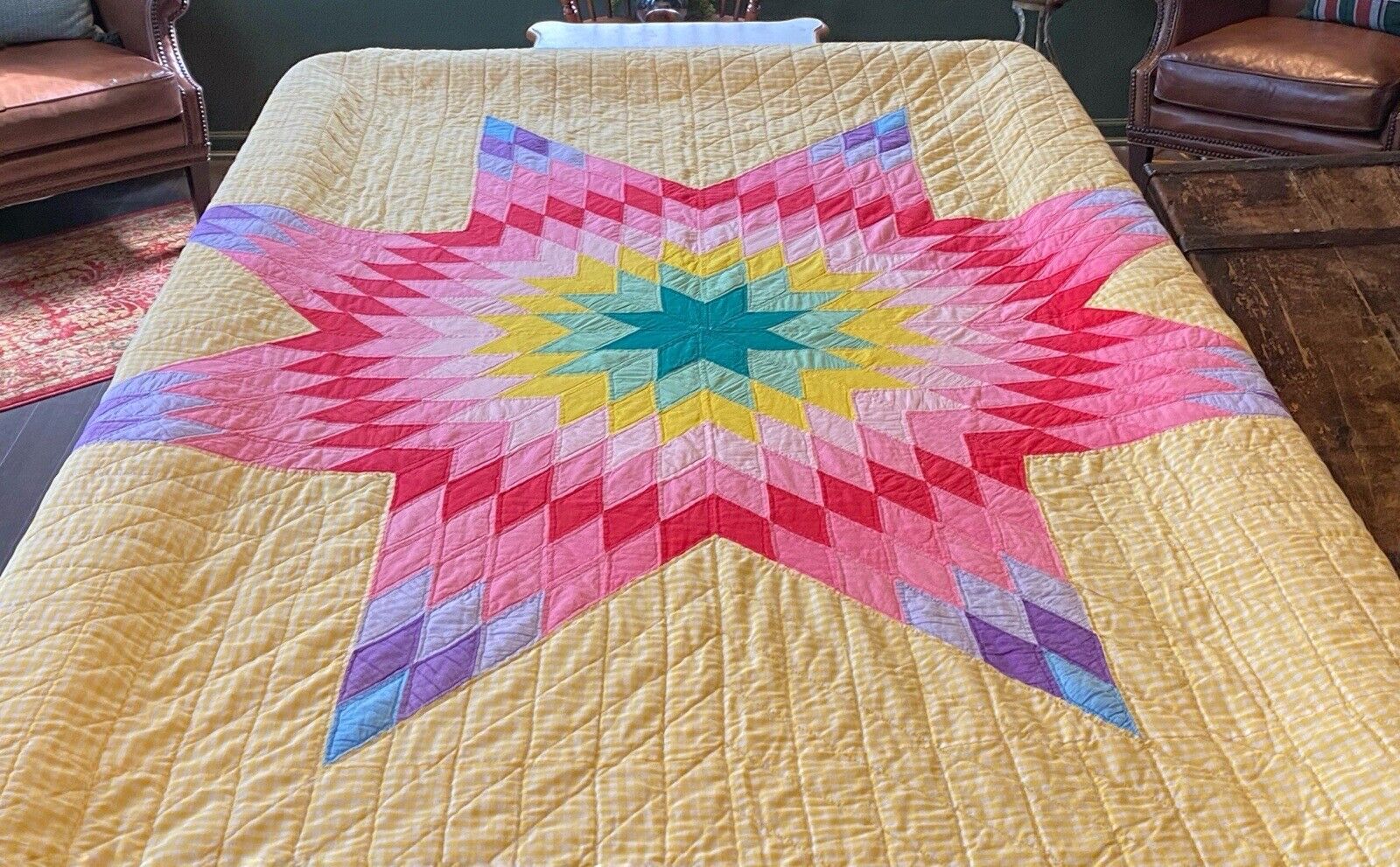 Large VIBRANT BRIGHT Vintage Lone Star Hand Stitched Quilt Gingham 88” X 100”
