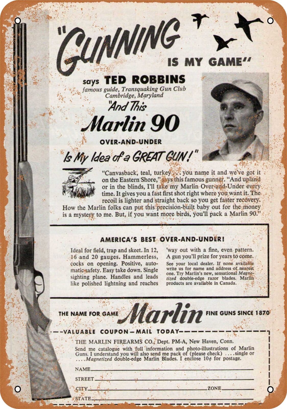 Metal Sign - 1952 Marlin 90 Shotguns - Vintage Look Reproduction