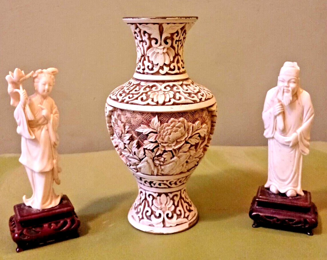 Ivory Dynasty Carved Cinnabar & Brass Vase & Carved Chinese Man & Woman