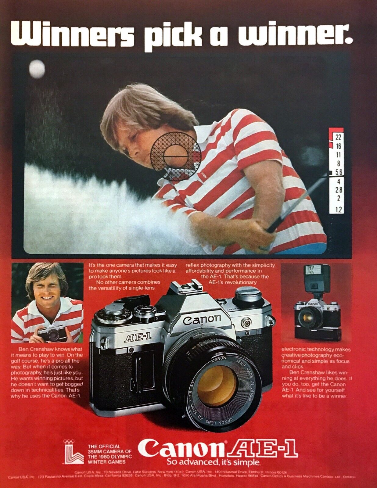 1980 Golf Legend Ben Crenshaw photo Canon AE-1 35mm Camera vintage print ad