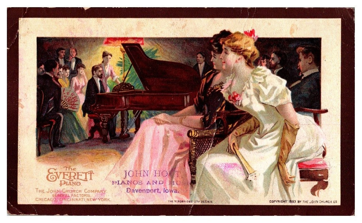 1893 Antique Everett Piano Company  Advertisement Card John Holt Davenport Iowa