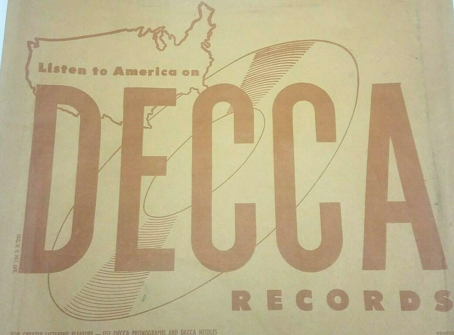 Vtg DECCA RECORDS Printed Paper Bag 78 RPM Shopping Bag 
