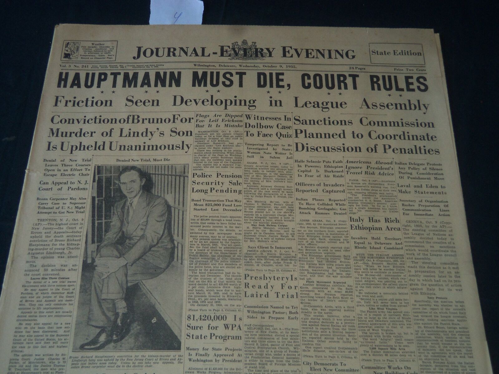 1935 OCT 9 WILMINGTON JOURNAL NEWSPAPER HAUPTMANN MUST DIE COURT RULES - NT 7233