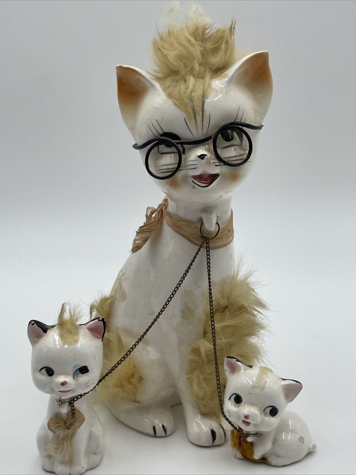 Antique Vintage Ceramic Cat & Kittens White Rabbit Fur Chains Handmade Artmark