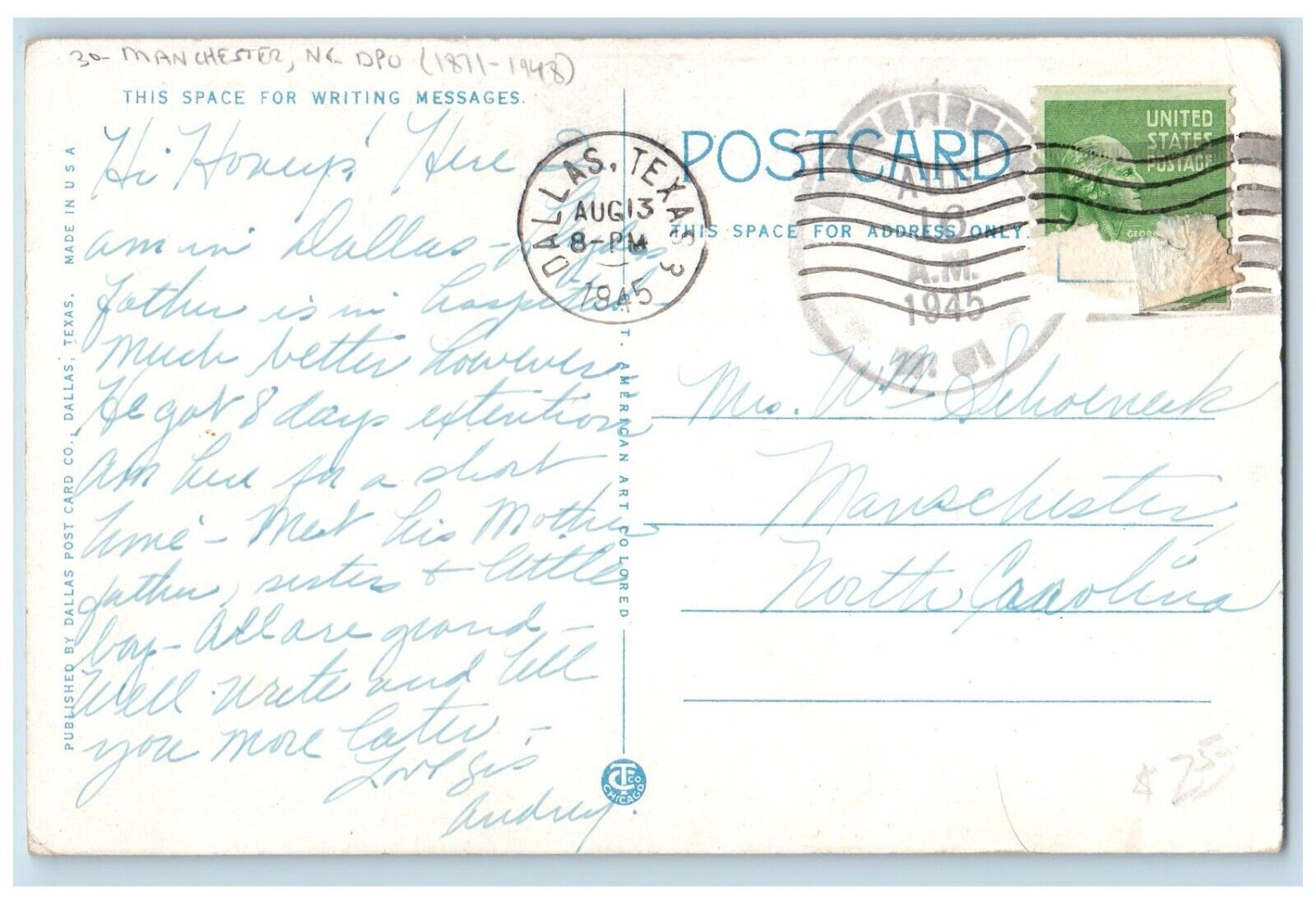 DPO (1871-1948) Manchester NC Postcard Dallas TX Wilson Building And Annex