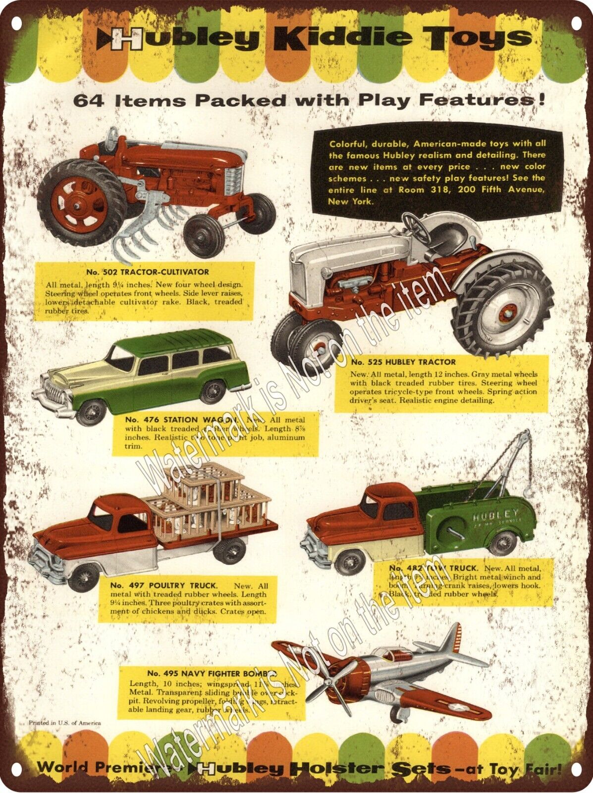 1957 Hubley Kiddie Metal Toys Tractor Truck Wagon Plane Metal Sign 9x12\