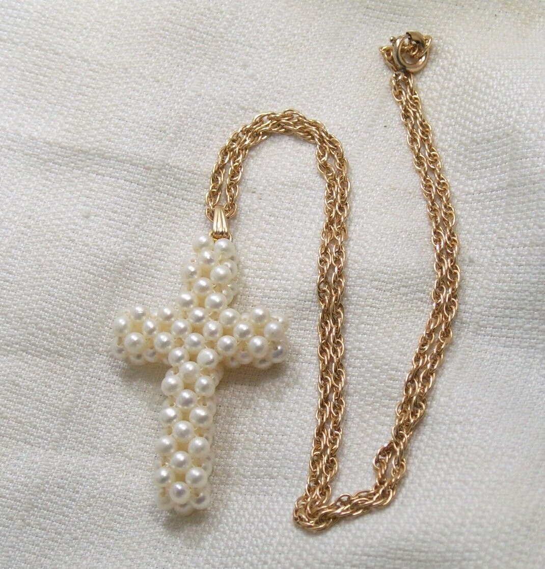 Vintage 14K Gold Puffed Pearl Cross Pendant Krementz GF Rope Chain Necklace