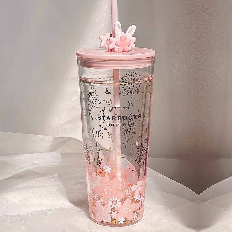 Starbucks China 2023 Cute Rabbit Tumbler Pink Sakura 20oz Double Layer Glass Cup