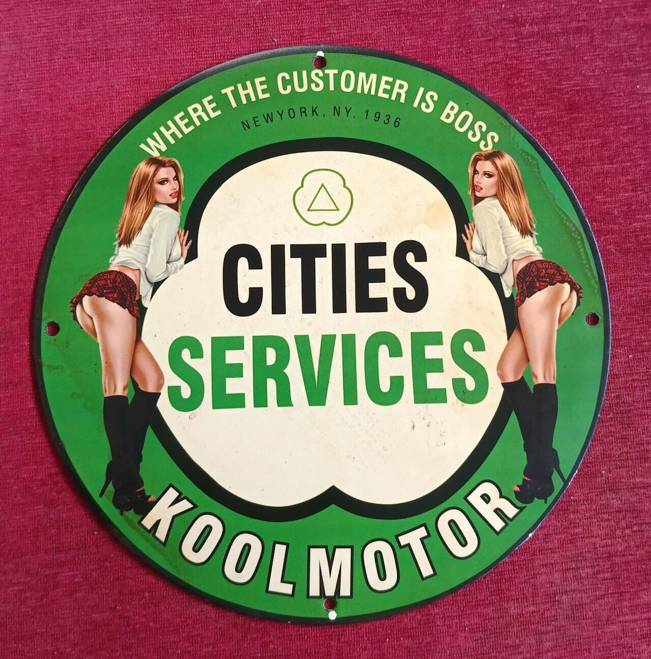 Rare Kool Motor City Services Pinup Porcelain Enamel Sign.
