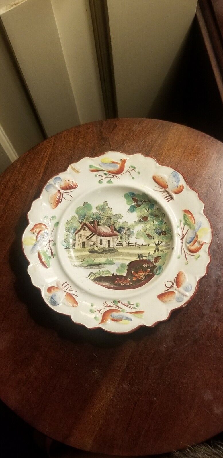ANTIQUE CHILD'S STAFFORDSHIRE TRANSFERWARE PLATE bird and butterfly moth border 