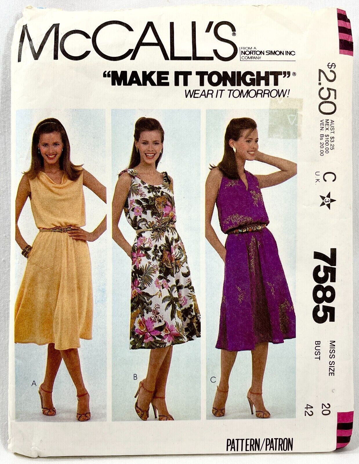 1981 McCalls Sewing Pattern 7585 Womens Dresses 3 Styles Size 20 Vintage 12207