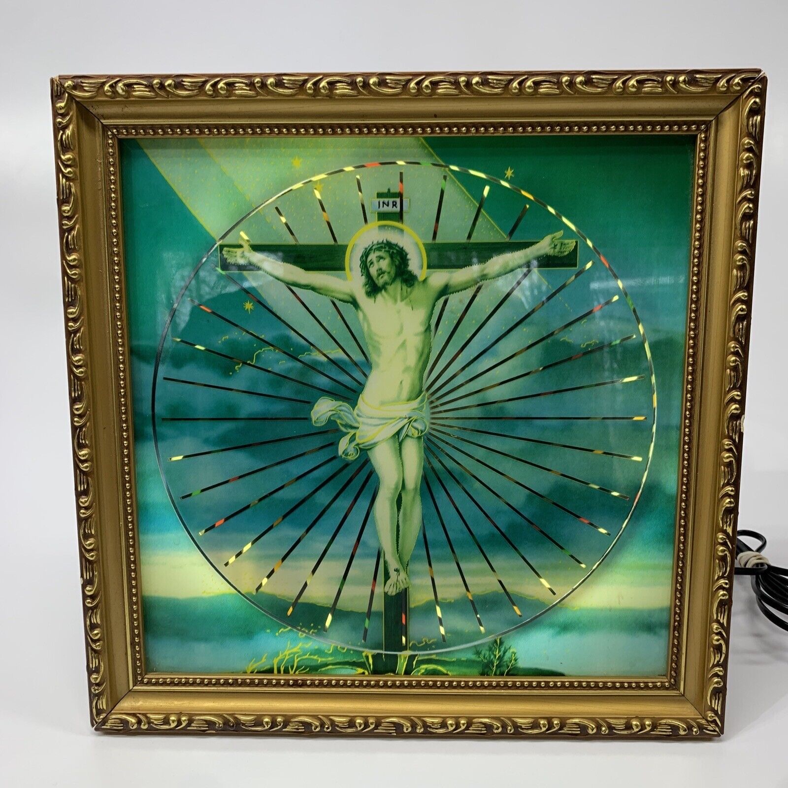 VINTAGE Framed Jesus Crucifixion Picture Lighted & Animated psychedelic Spinner