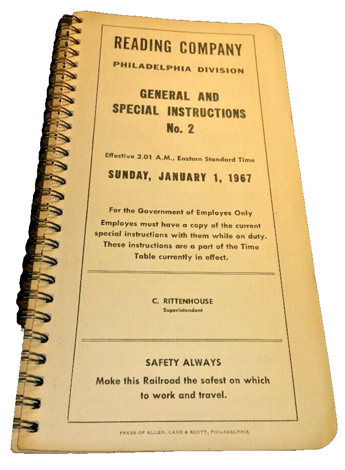 JANUARY 1967 READING COMPANY PHILADELPHIA DIVISION SPECIAL INSTRUCTIONS #2
