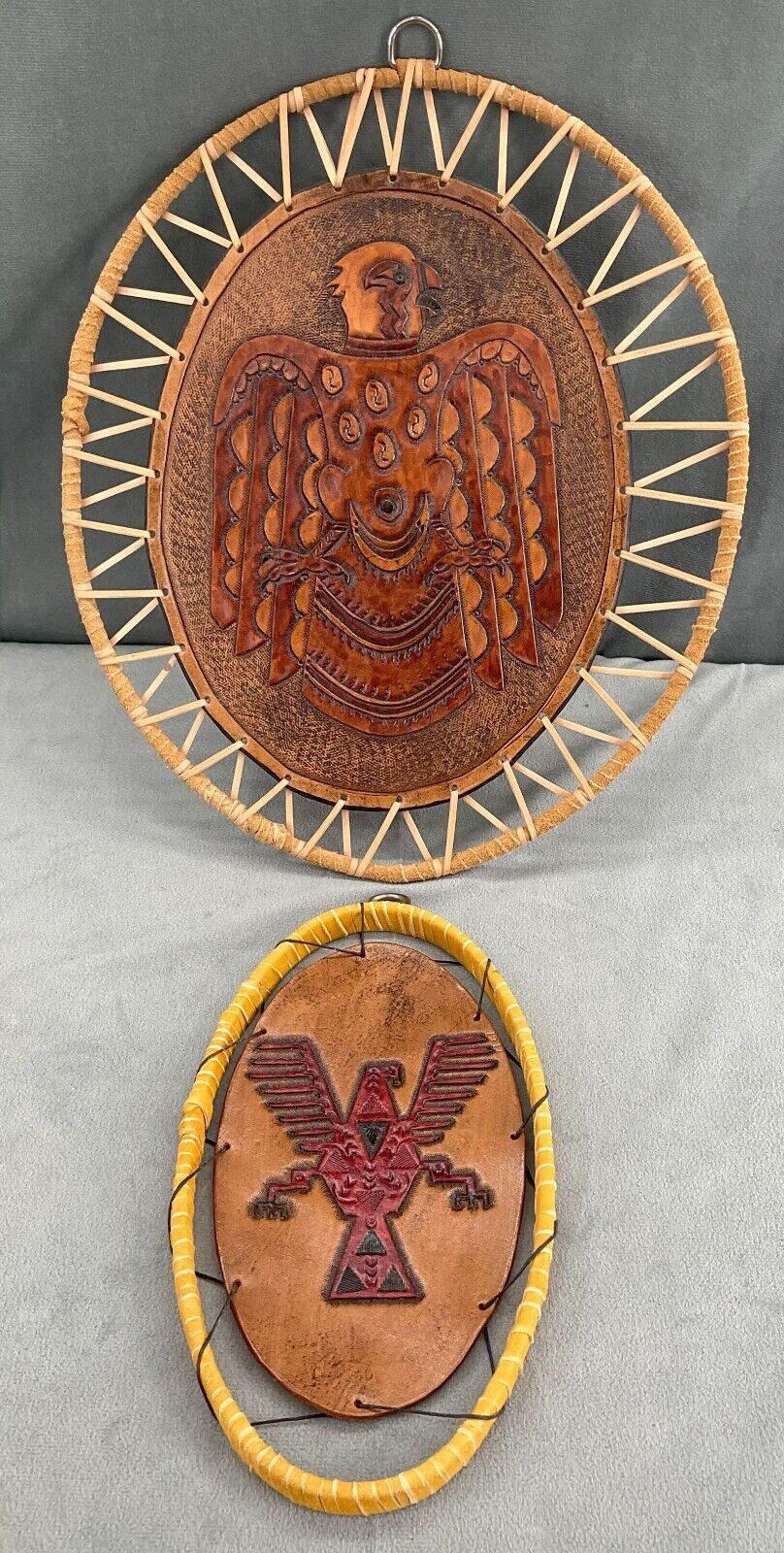 Native American Stretched Leather Tooled Stamped Painted Art Oval 13\