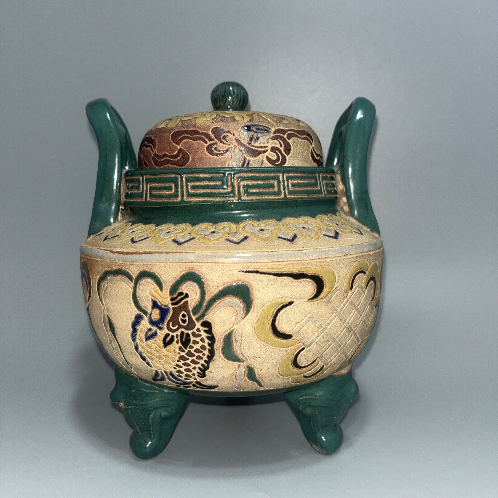 Vintage handpainted footed Incense Burn Jar with lid- Rich Green Tan