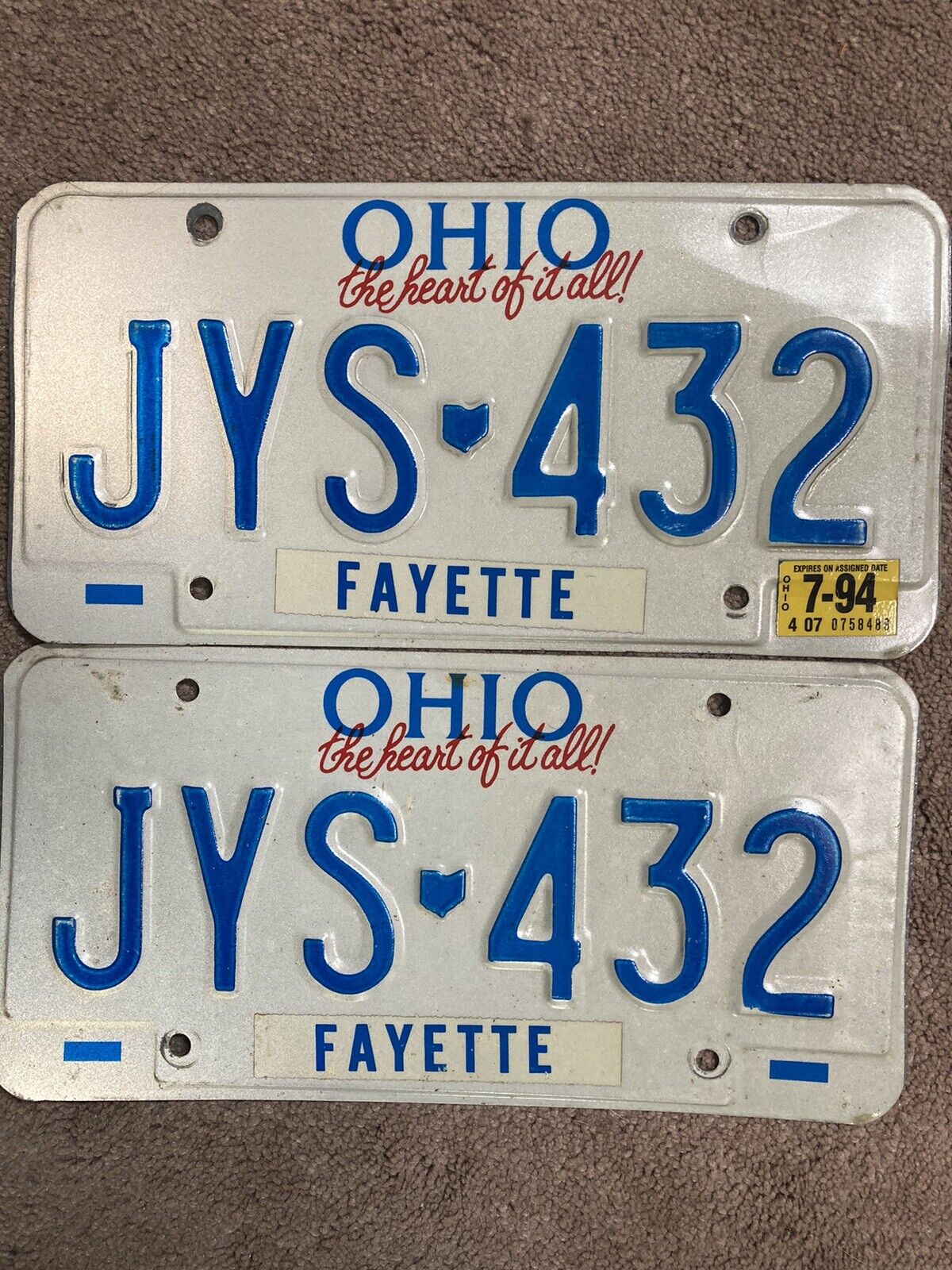 Pair of 1994 Ohio License Plates - JYS 432  - Nice