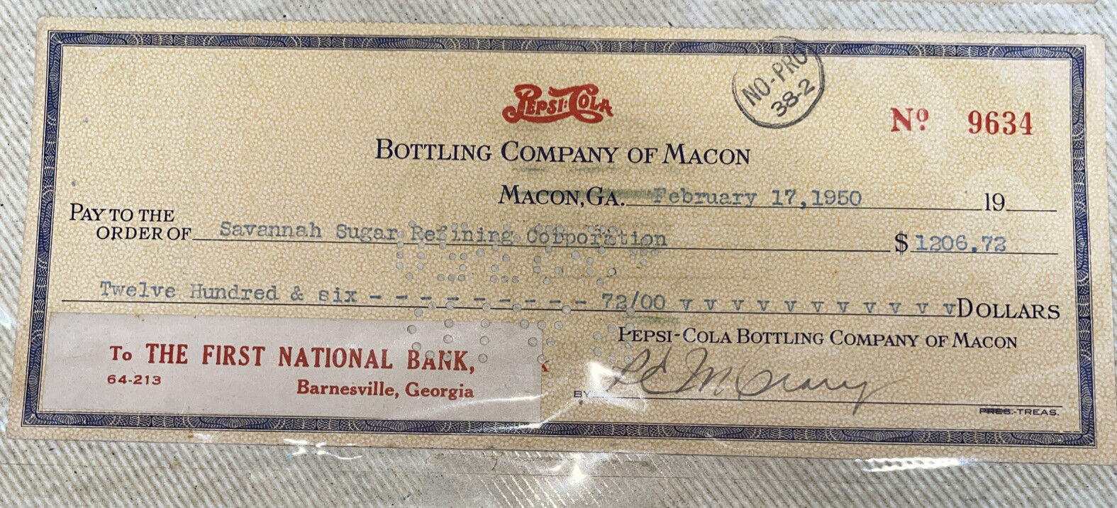 1950 Pepsi Cola Bottling Company Macon Georgia GA Check Vintage 1950 Sugar Refin