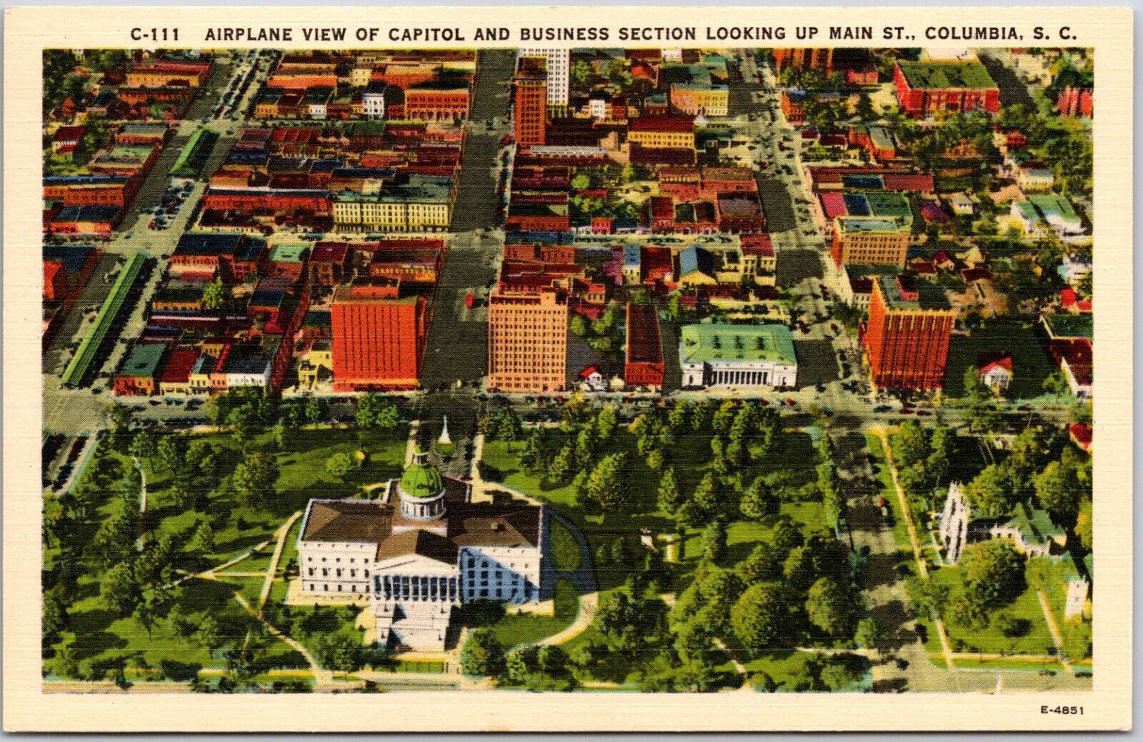 Columbia South Carolina Aerial View Capital and Business Section linen Postcard