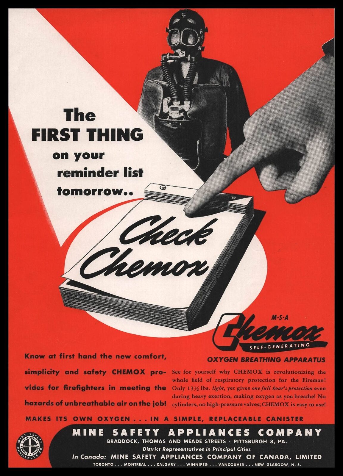 1946 Chemox MSA Self-Generating Oxygen Breathing Apparatus Mask Vintage Print Ad