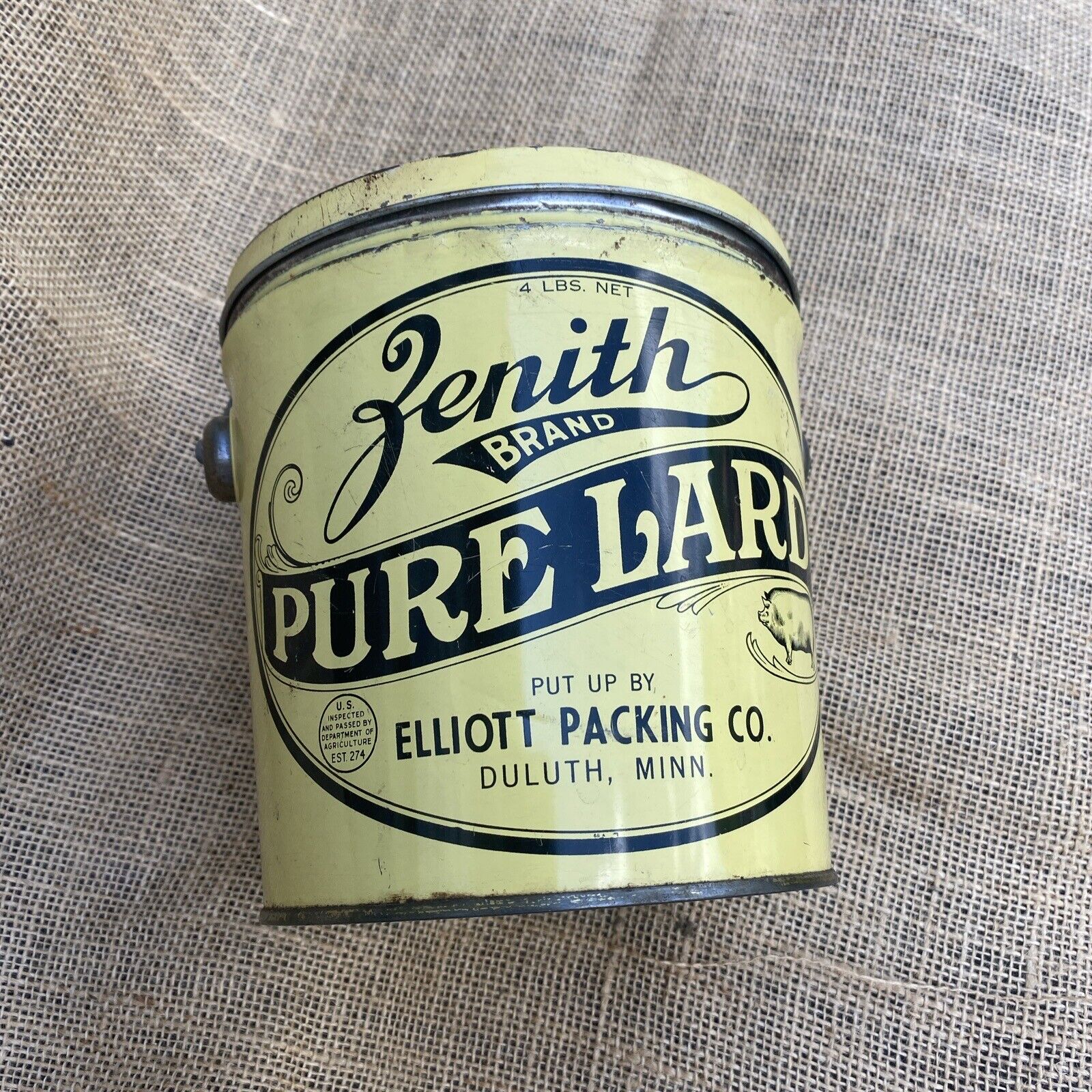 Vintage Zenith Brand Pure Lard Tin Can 4 Lb Handle Duluth Minnesota Pig Elliott