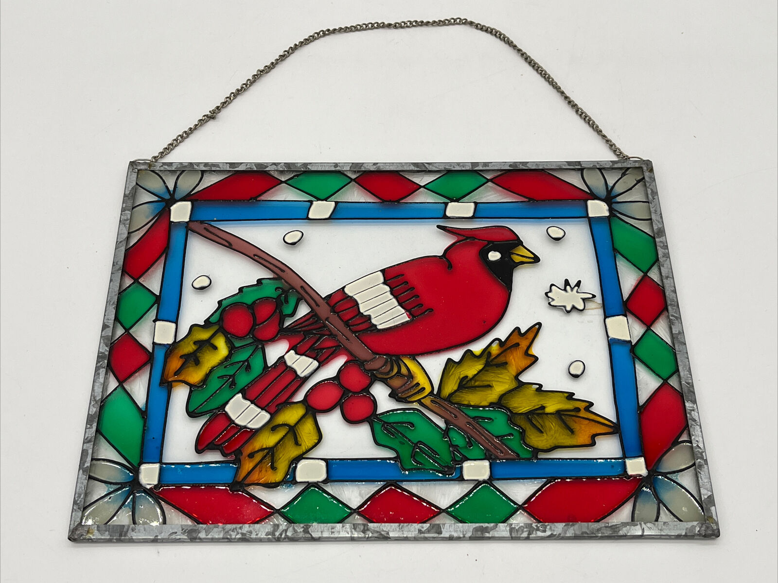 Joan Baker Red Cardinal Bird Stained Glass Style Hand Painted Sun Catcher Holly