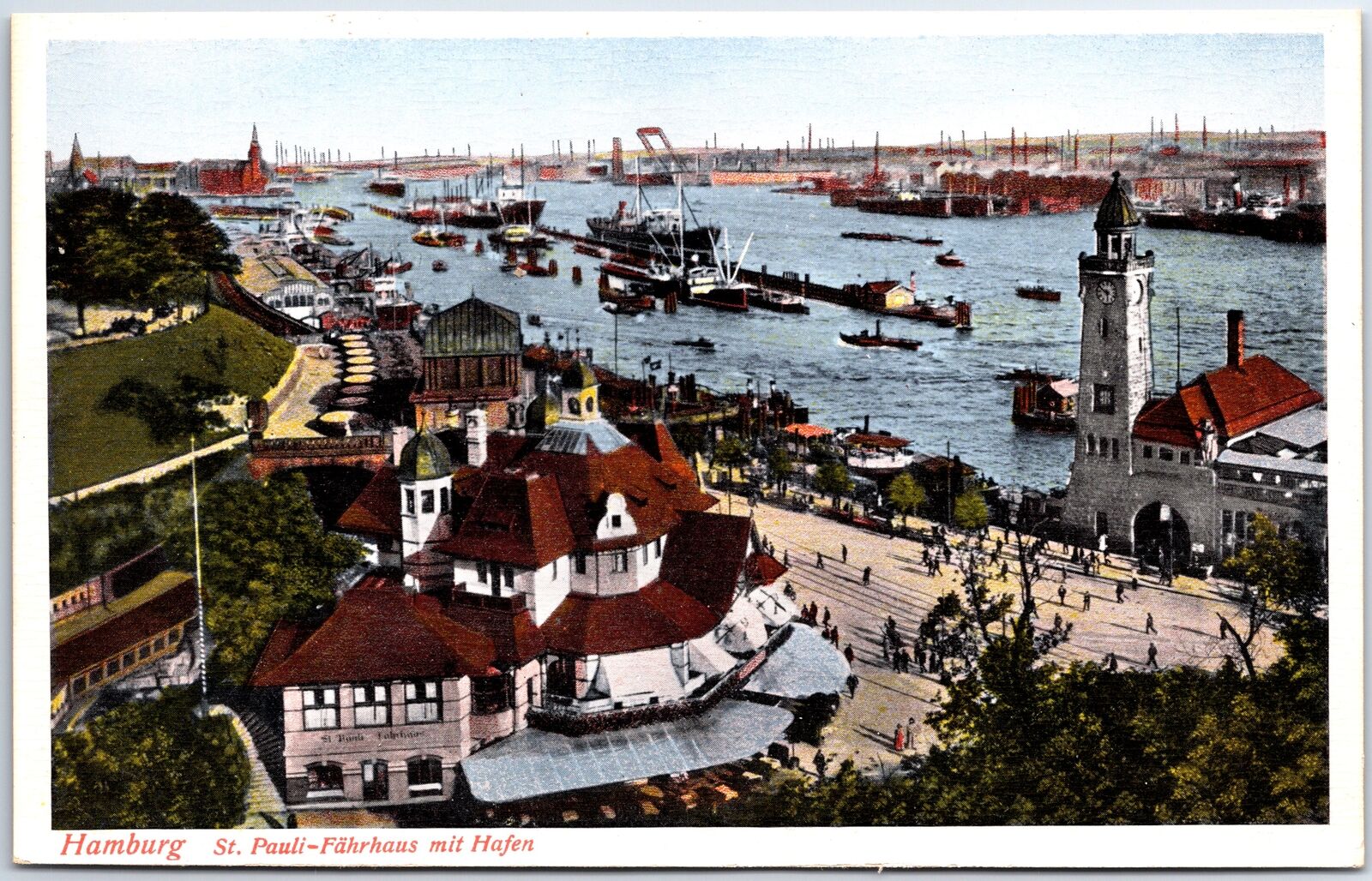 VINTAGE POSTCARD FERRY HOUSE AND HARBOR VIEW AT HAMBURG GERMANY c. 1920
